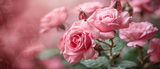Fototapeta premium Pink roses with green leaves against a pink backdrop, overlapping blurred pink rose images
