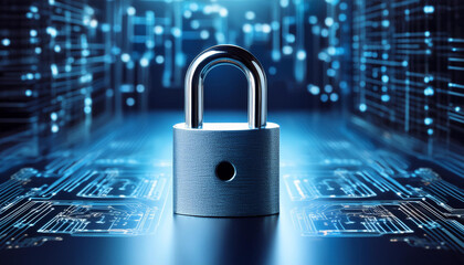 Metal padlock on blue background, data protection, cybersecurity, circuit patterns. Technology