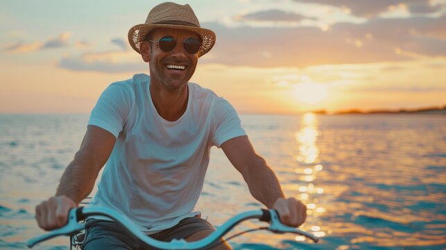 Happy smiling man wearing sunglasses and straw hat, riding a bicycle or bike cycling on sea or ocean water coast.