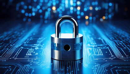 Metal padlock on blue background, data protection, cybersecurity, circuit patterns. Technology