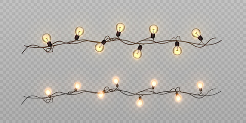 Festive garlands of Christmas lights. Bright bulbs on a wire with interlacing glow with a warm glow. Vector for web design and illustrations.