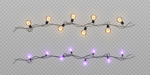 Festive garlands of Christmas lights. Bright bulbs on a wire with interlacing glow with a warm glow. Vector for web design and illustrations. © Valeriia