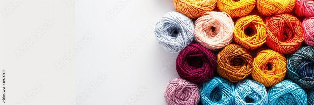 Poster A vibrant arrangement of yarn rolls creates a striking grid on a clean, white surface, providing space for creative text placement and crafting inspiration. Generative AI