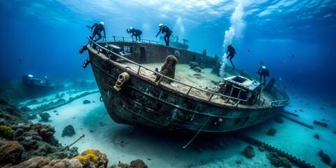 Saturation Divers Exploring Sunken Shipwreck in Deep Ocean During Daytime Creative AI