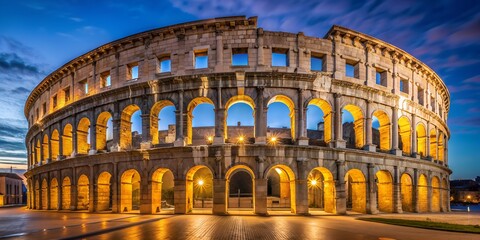 Naklejka premium Pula Croatia View of the night coliseum Generative AI
