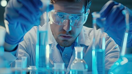 A man works in a laboratory with test tubes. Selective focus.