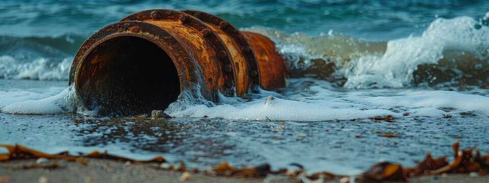  A tight shot of a pipe jutting from the water's surface, where waves continually surge in and retreat