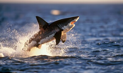 Fototapeta premium Great White Shark leaping out of the water , Generative AI