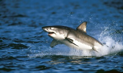 Fototapeta premium Great White Shark leaping out of the water , Generative AI