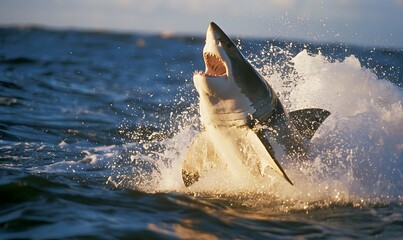 Fototapeta premium Great White Shark leaping out of the water , Generative AI