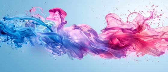 Fototapeta premium A blue liquid swirls with pink and red hues in the air against a light blue backdrop; behind it lies a tranquil light blue sky