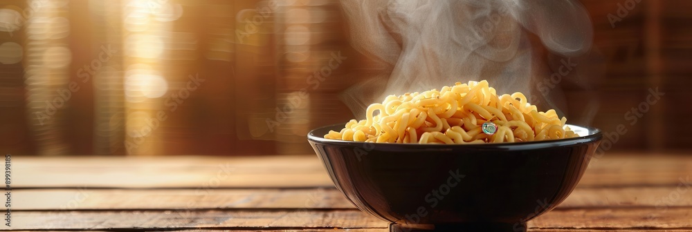 Poster a warm bowl of instant noodles releases steam, filling the air with a savory aroma while resting on 
