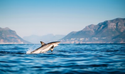 Naklejka premium Great White Shark leaping out of the water , Generative AI