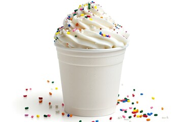 Delicious vanilla soft serve ice cream in a white cup, topped with colorful rainbow sprinkles, isolated on a white background.