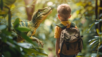 Obraz premium Little boy wearing backpack and dinosaur monster reptile animal in tropical jungle, cartoon illustration.