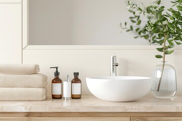 Fototapeta premium skincare products, including a moisturizer, a serum and a face mask, arranged on a modern bathroom counter. Realistic photo