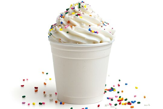 Delicious vanilla soft serve ice cream in a white cup, topped with colorful rainbow sprinkles, isolated on a white background.