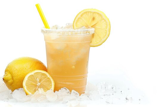Refreshing lemonade in a plastic cup with lemon slices and ice on white background.