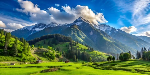 Obraz premium Mountain with green grass and blue sky partly cloudy in Manali India AI Generative