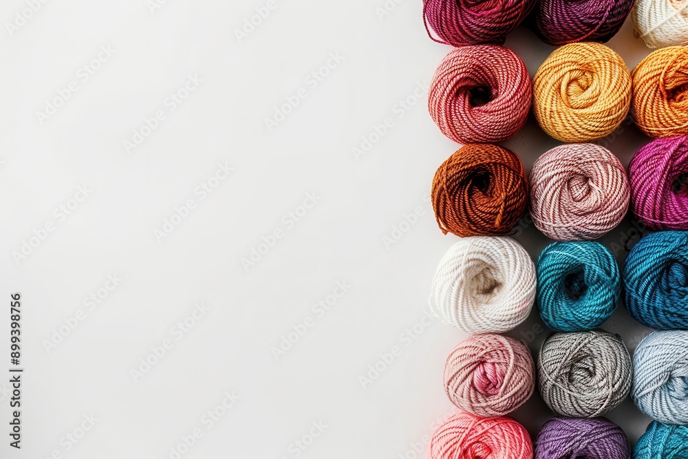 Fototapete A grid of vibrant yarn rolls displays an array of colors on a white background, providing ample space for additional text and design elements. Generative AI