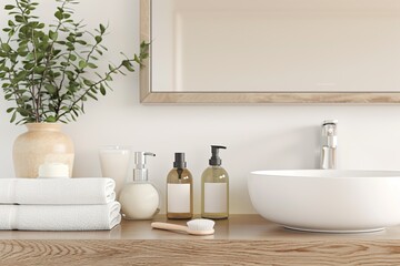 Fototapeta premium skincare products, including a moisturizer, a serum and a face mask, arranged on a modern bathroom counter. Realistic photo