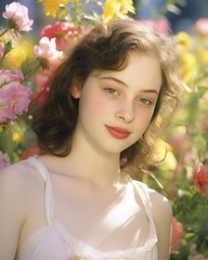 Naklejka premium Radiant Teenage Girl Applying Makeup in Lush Flower Garden