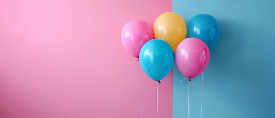  A wall adorned with balloons in various shades of pink and blue, floating against a background blend of pink and lighter blue