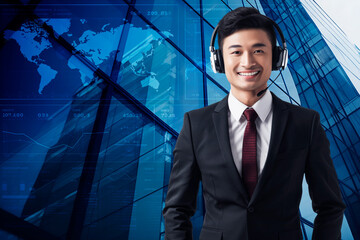 Handsome call center operator asian man over digital world map with data charts, stats and modern office building facade, Business communication concept