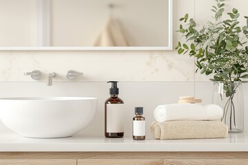 Fototapeta premium skincare products, including a moisturizer, a serum and a face mask, arranged on a modern bathroom counter. Realistic photo