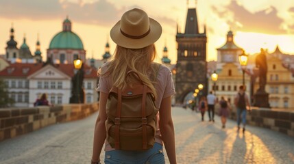 Rear back view of one young tourist woman with blonde hair wearing backpack and hat, old town culture.