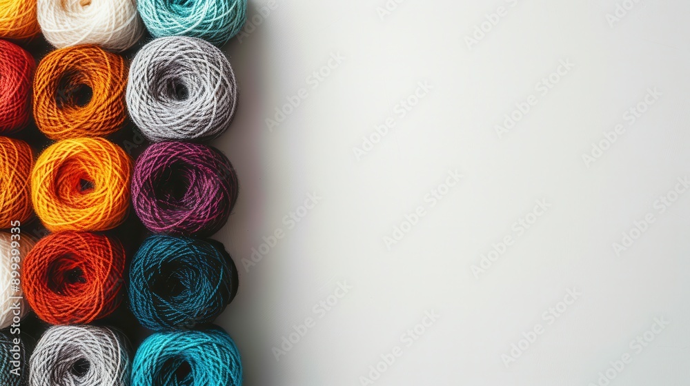 Poster vibrant yarn rolls create a grid pattern against a white backdrop, offering an inviting space for cr