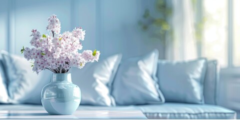 Fototapeta premium Cozy living room with lilac color theme, focus on clear flower pot with blur of sofa and room