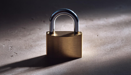 Naklejka premium Metal padlock on textured cement surface. Security concept.
