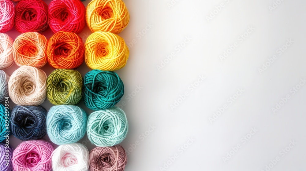 Aufkleber colorful yarn rolls are neatly arranged in a grid on a white background, providing a perfect space f