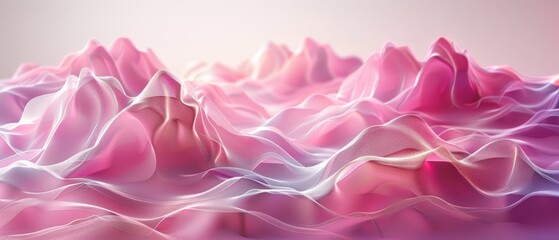 Fototapeta premium A mountain range depicted in an image, featuring pink and white wave-like formations in the foreground, and a rosy pink sky in the background