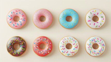 Top view illustration of different various donuts with pink, blue and white cream and colorful sprinkles.