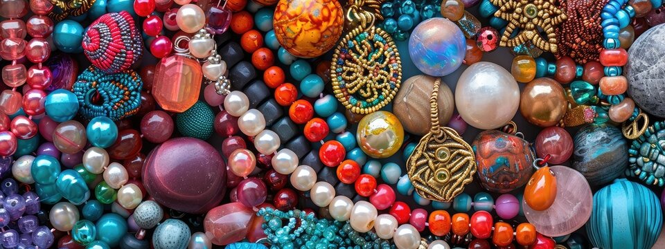 Various beads and beads for needlework. Selective focus.