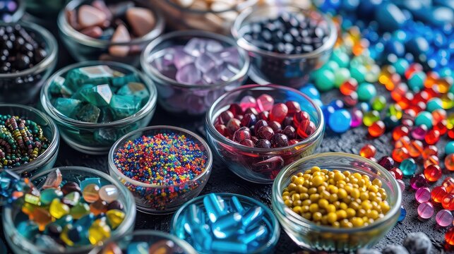Various beads and beads for needlework. Selective focus.