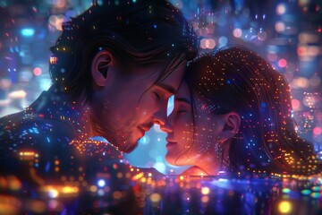 Romantic couple in a vibrant digital environment symbolizing love connection and modern technology