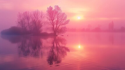Obraz premium Tranquil landscape of dawn sunrise or dusk sunset over the misty foggy lake, trees water reflection, pink and orange sky.