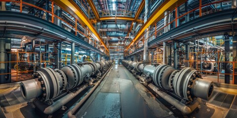 A high-tech factory featuring glistening steel pipes, emphasizing the industrial might and precision engineering that define its advanced manufacturing processes