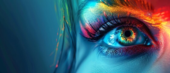  A woman's eye with vibrant multicolored eyeliner and extended lashes against a tranquil blue backdrop ..Or, for a