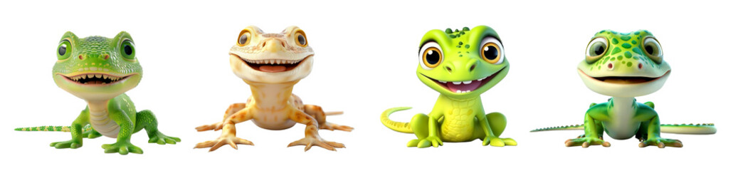 Fototapeta premium Adorable Cartoon Geckos with Expressive Faces and Vibrant Colors in Various Poses , on transparent background 