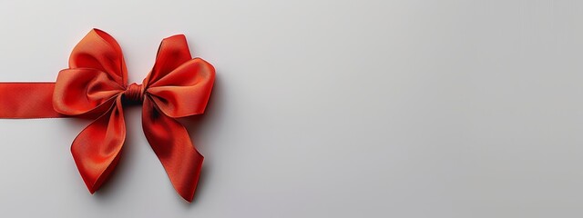  A red ribbon, tightly bound as a bow, atop a pristine sheet of paper against a white background