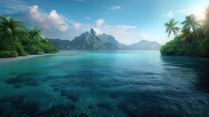 Obraz premium Tropical Island with Clear Blue Water and Lush Greenery.