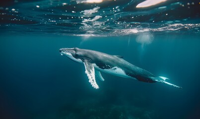 Humpback whale gracefully swims underwater, Generative AI