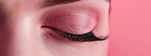  A woman's eye, adorned with long black lashes, is the focus against a pink wall background