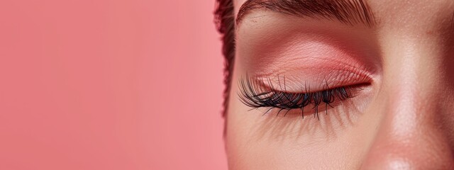  A woman's eye, framed by long black lashes and a swipe of pink eyeliner, against a pink backdrop