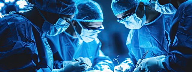 Naklejka premium A group of surgeons in the operating room. Selective focus.