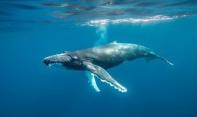 Fototapeta premium Humpback whale gracefully swims underwater, Generative AI
